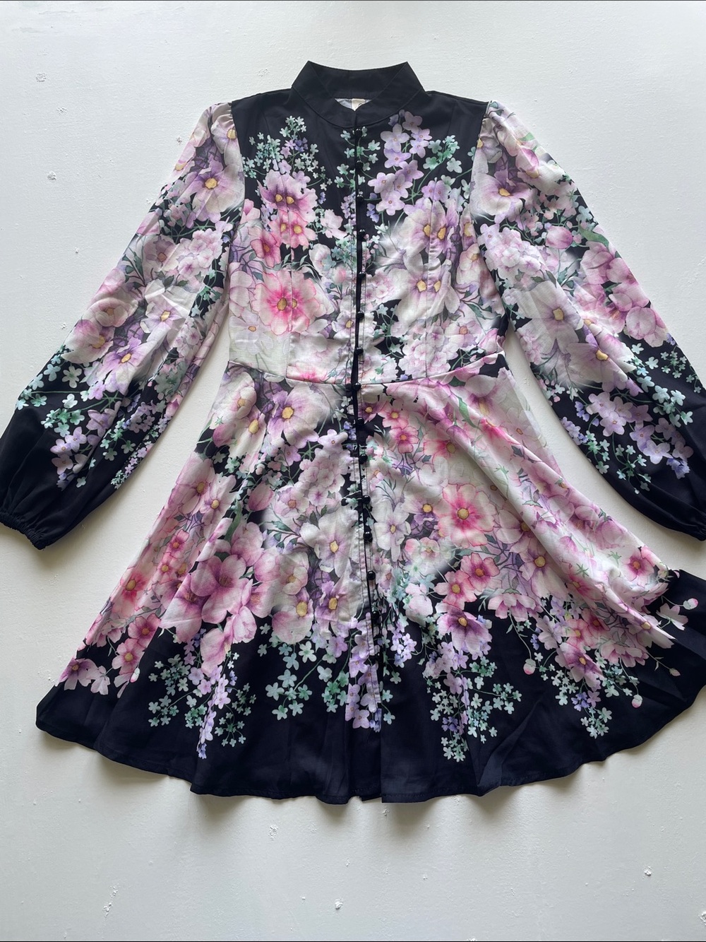 Floral Black & Pink Mini Dress with Long Sleeves